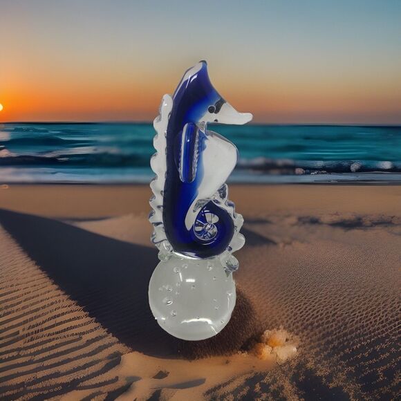 Art Glass Seahorse Paperweight Cobalt Blue Bullicante Bubbles 7" Beachy Coastal - Picture 1 of 11